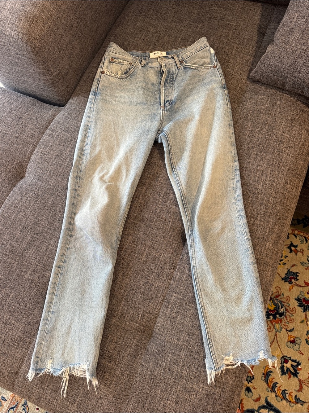 Agolde Light Wash Riley Ankle Straight Jeans with Frayed Hem- in Curio, Sz 24